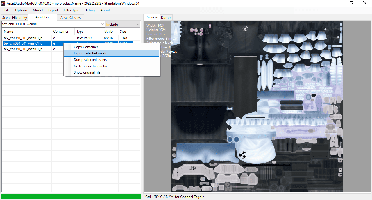 Export selected assets
